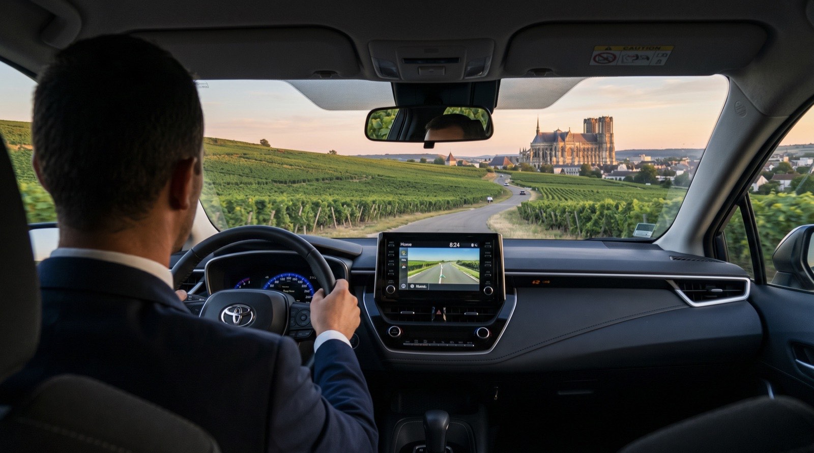 Chauffeur privé Champagne Driver au volant d’une Toyota Corolla, vignobles de Champagne et cathédrale de Reims au coucher du soleil