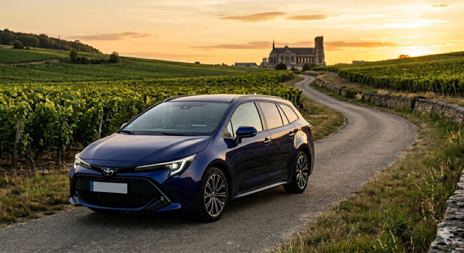 Toyota Corolla Touring bleu foncé métallisé, le véhicule de Champagne Driver